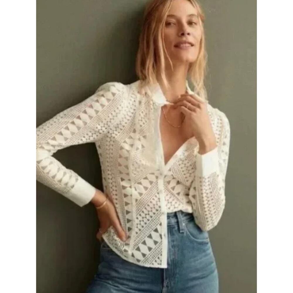 Anthropologie Lace Button Down Blouse Women's 16W Romantic Festival Cream